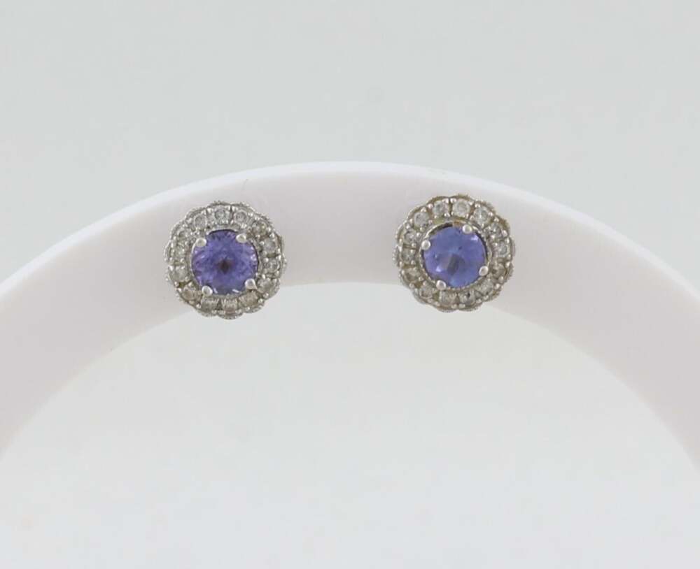 14k White Gold Natural Tanzanite & Diamond Flower Earrings Studs 3/8"